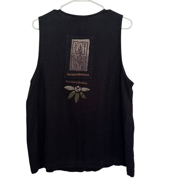 Vintage BLUE CACTUS Medium Black Jersey Linen Front Button Sleeveless Long Vest - Picture 2 of 6